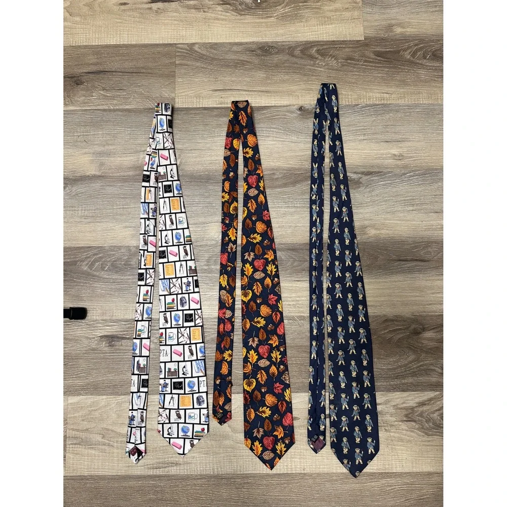 Lot of 3‎ Vintage Silk Ties Alynn Autumn Leaves Museum Artifacts PTA Phenix Bear